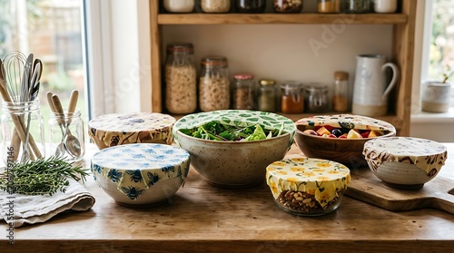 Assorted bowls with colorful beeswax food wraps in a rustic kitchen