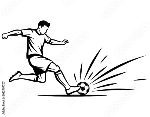 Dynamic Soccer Player Striking Ball with Power Effect. Black and White Line Art Illustration, Professional Football Striker Kick Vector Isolated on White Background.