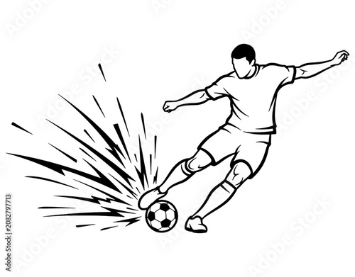 Action Soccer Player Striking Ball with Explosion Effect. Black and White Line Art Illustration, Dynamic Football Kick Vector Isolated on White Background.