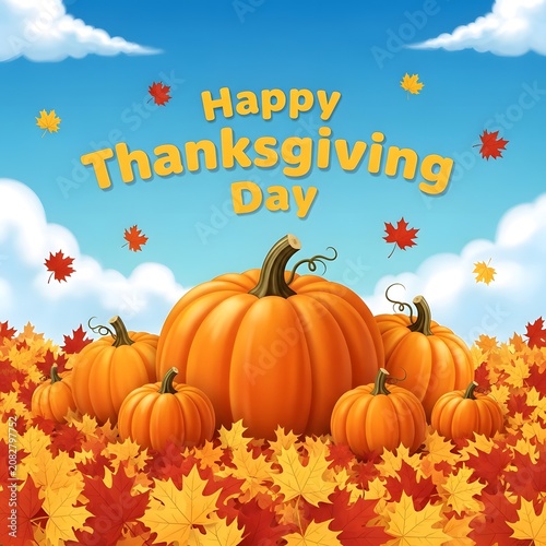 Happy Thanksgiving Bright vector illustration of orange pumpkins resting on a bed of colorful fallen maple leaves under a clear blue sky