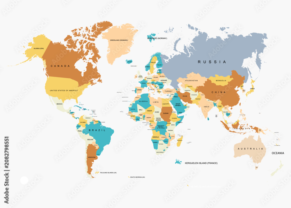 Fototapeta premium World map with countries colored by data flat vector illustration for global bu