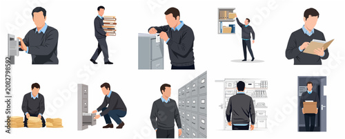 Canvastavla Collection of office worker illustrations managing documents, archiving files in cabinets, and organizing paperwork for administrative tasks