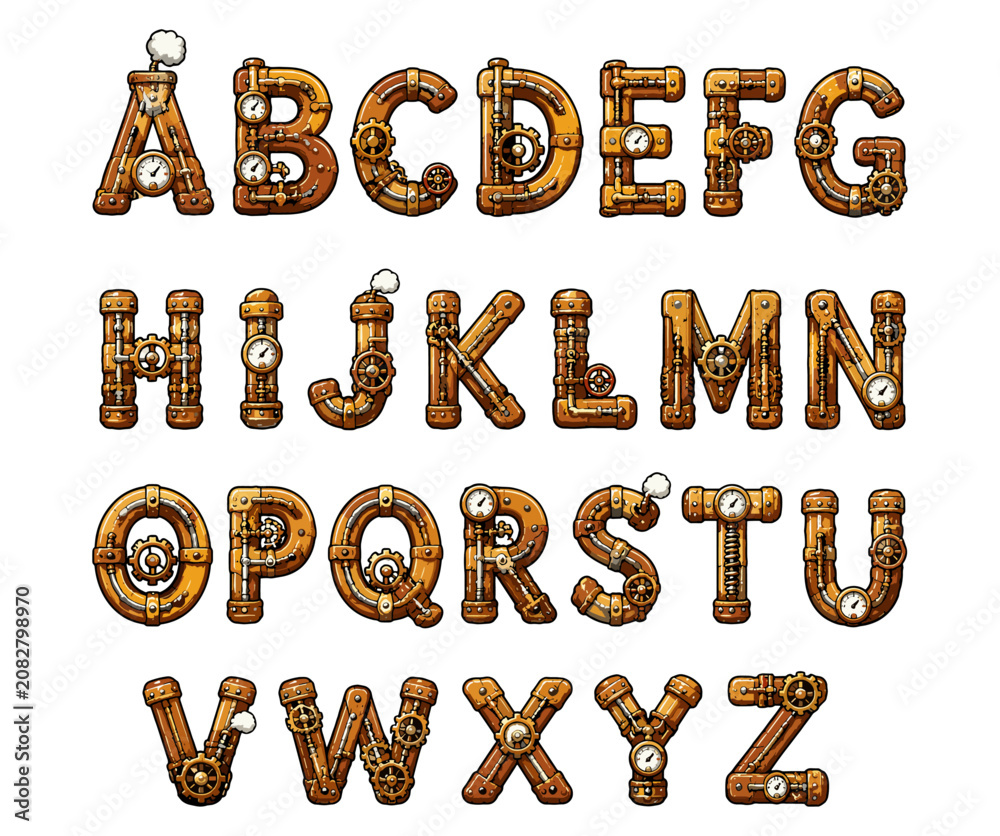 Naklejka premium Steampunk Alphabet Font with Industrial Pipes and Gears