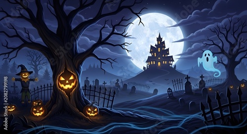 Spooky Halloween night landscape featuring haunted house on hill with full moon creepy trees scarecrow and ghost illustration Happy Halloween