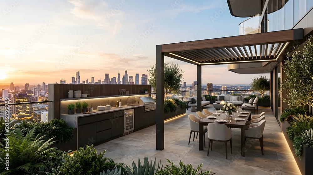 Fototapeta premium Luxury rooftop patio with outdoor kitchen and dining area, offering stunning city skyline views at sunset, surrounded by lush plants and modern amenities.