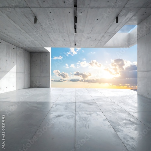 Modern concrete architecture with expansive sky view and natural light
