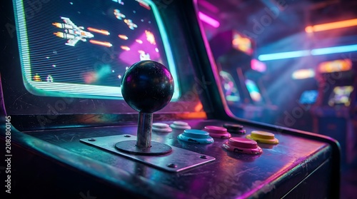 Vintage arcade cabinet with joystick and retro space shooter game