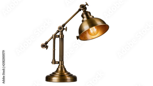 Photography Adjustable brass desk lamp with dome shade and exposed bulb