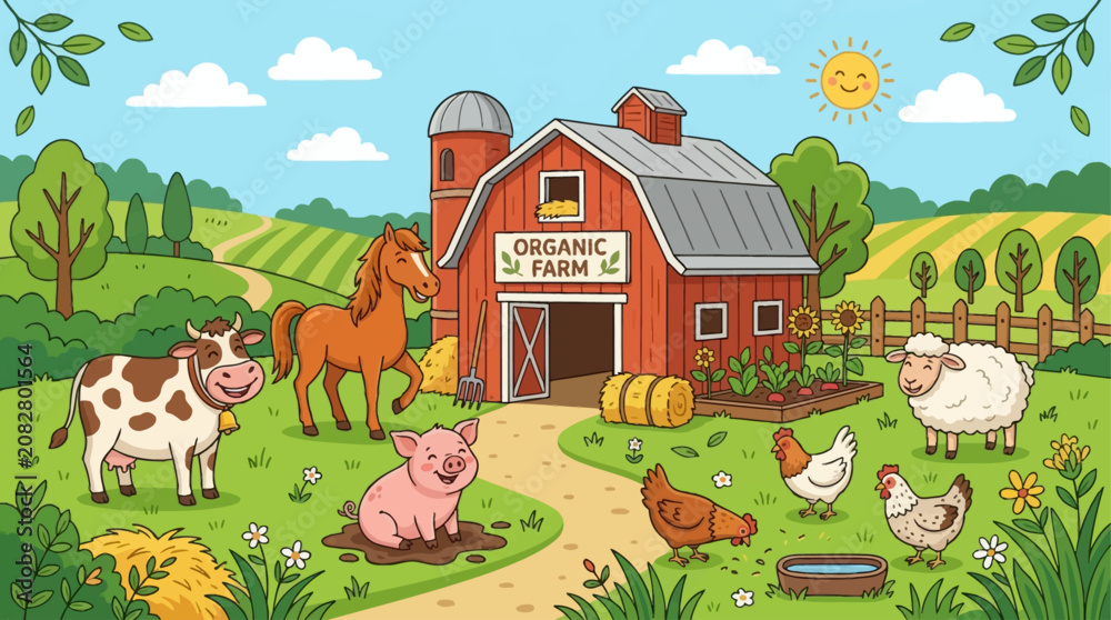 Naklejka premium A vibrant cartoon illustration depicting a cheerful organic farm scene with various happy farm animals, a red barn, silo, green fields, and a sunny sky.