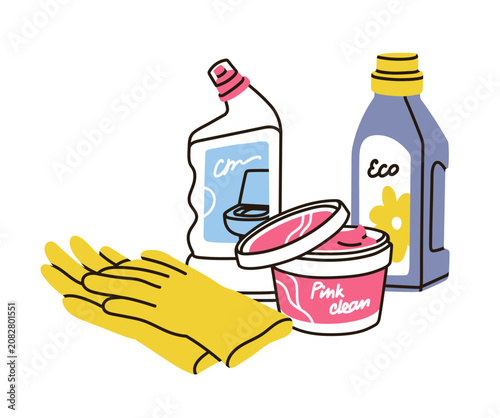 Cleaning products, supplies. Rubber gloves, toilet cleaner, eco detergent bot...
