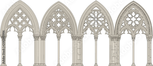 Tableau sur toile Gothic architectural arch set, tracery window design, pointed arches, quatrefoil