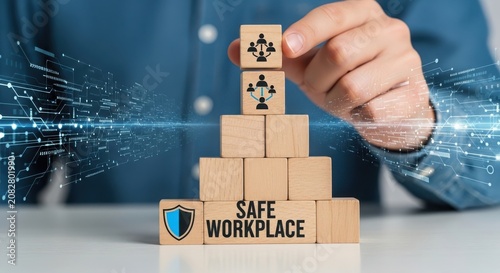 Stack of boxes with safe workplace sign on factory floor