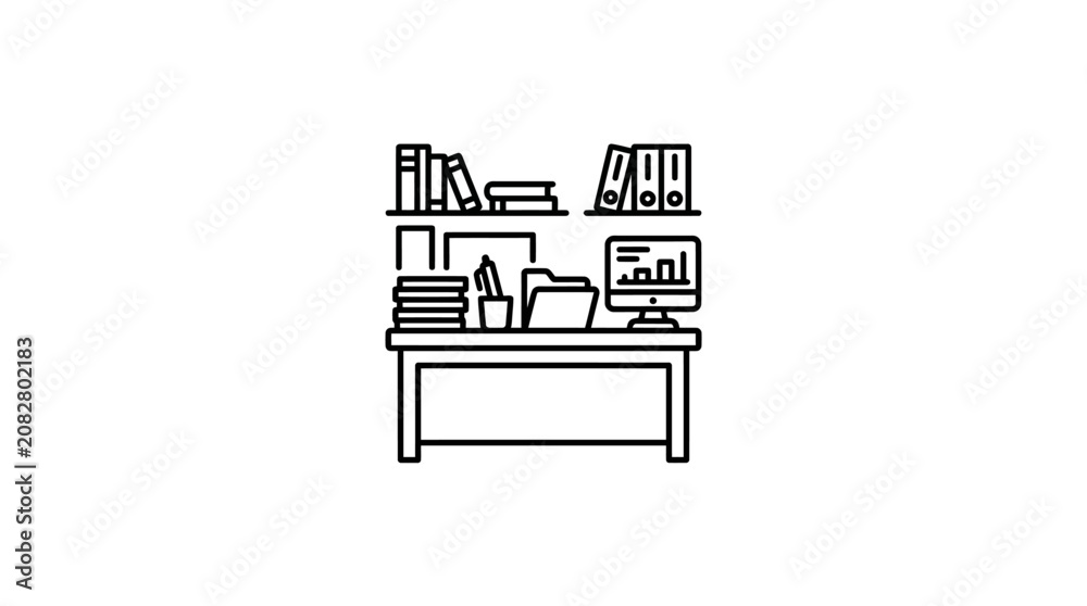 Fototapeta premium Creative Minimalist Black and White Line Drawing of a Study Workspace with Books Computer and Office Supplies