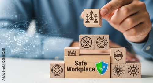 Safe workplace box with safety icons and hard hat on top