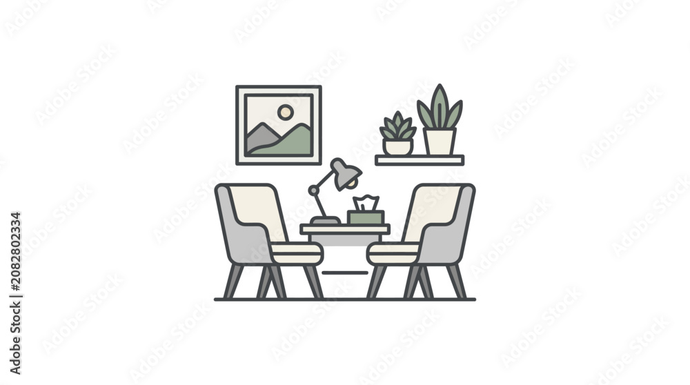 Fototapeta premium Dynamic Minimalist Line Drawing of Cozy Study Setup with Two Chairs Small Table Lamp and Indoor Plants