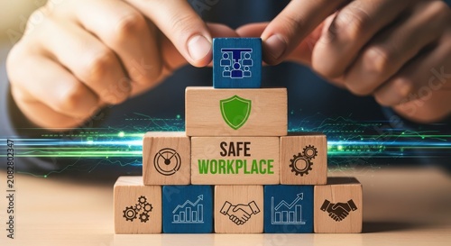Stack of safety boxes with workplace safety icons and symbols
