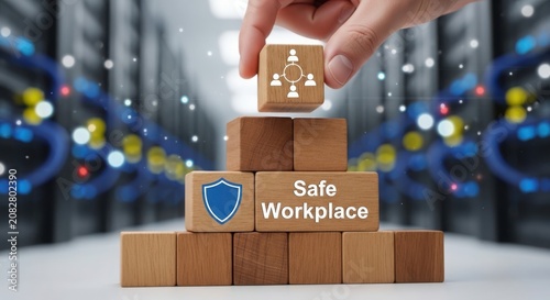 Stack of boxes with safe workplace sign in office