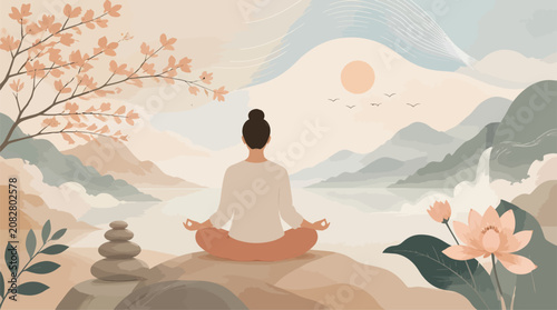 Canvastavla Serene Woman Meditating in Lotus Pose Amidst Misty Mountain Landscape at Sunrise