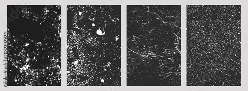 Set of four black-and-white texture panels with varied speckled, cracked, and granular patterns, abstract distressed backgrounds for design or material studies