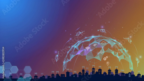 Digital city skyline silhouette with data network overlay and glowing geometric dome representing smart city infrastructure technology infrastructure