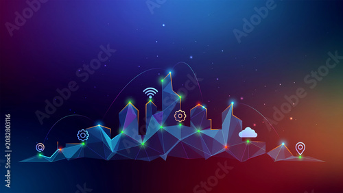 Digital smart city concept with network nodes and communication icons floating above a low poly skyline technology connectivity internet communication