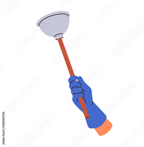 Hand holding plunger. Plumbing tool for unclogging clogged drain. Household c...