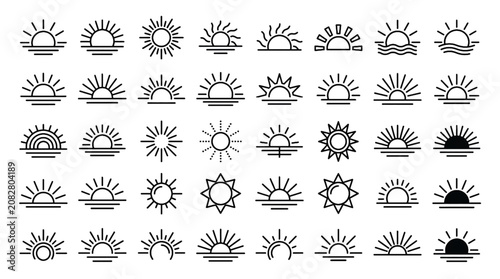 Minimalist Sunburst Line Art Vector Icon Set with Sunrise Sunset Horizon Solar Rays and Modern Geometric Sun Symbols