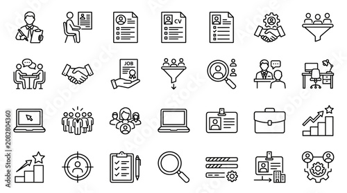 Recruiter Hiring Process Vector Icon Set with Job Search Interview Resume Career Development and Human Resources Elements