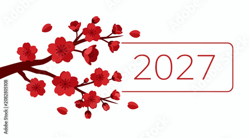 Chinese New Year 2027 Red Blossom Branch and Year Number