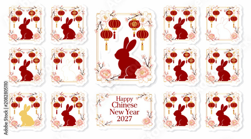 Chinese New Year 2027 rabbit stickers, happy lunar year decoration