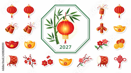 Chinese new year 2027 stickers, lantern, gold coins, flowers
