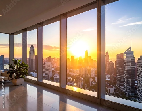 Modern interior view of city skyline at golden hour sunset