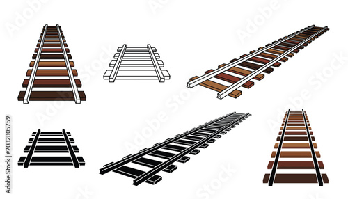 Fotografía Vector collection of railway tracks, featuring various perspective views of train rails on wooden railroad ties