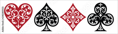 Playing card suit symbols with elegant floral heart, spade, diamond, and club designs for casino, gaming, and ornamental graphics, vector, designs