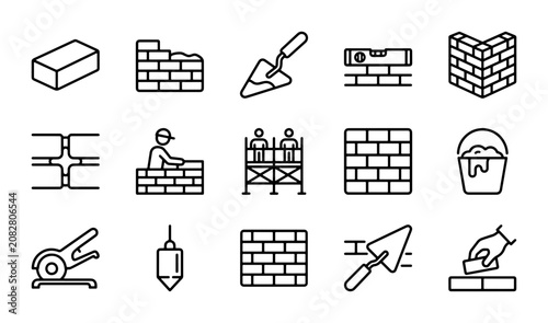Photos Bricklaying Icons Set: Masonry Tools, Construction, Building Materials, and Work