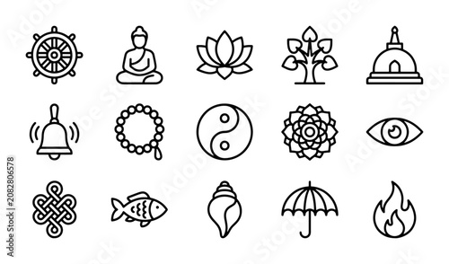 Foto Buddhist Icons Set, Dharma Wheel, Buddha, Lotus, Sacred Symbols Collection, Vect