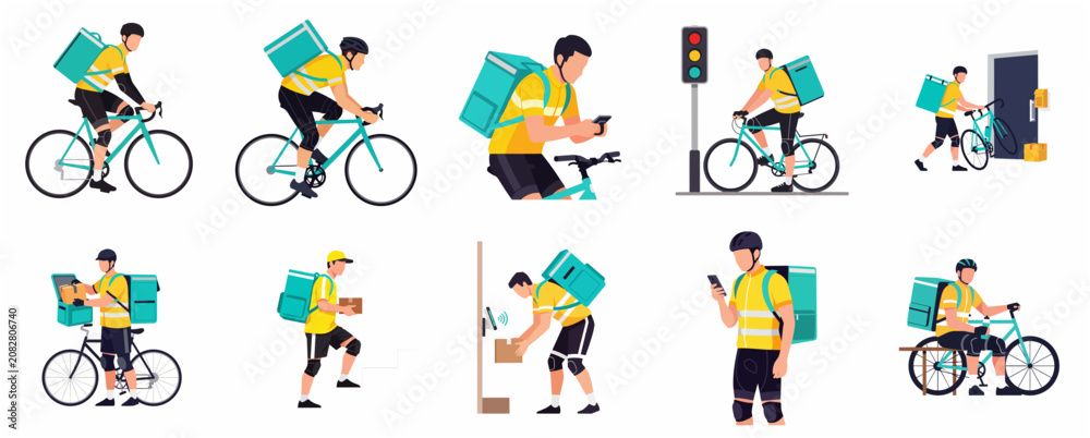 Fototapeta premium Vector set of bicycle delivery couriers with backpacks and packages in various poses for food and parcel delivery services