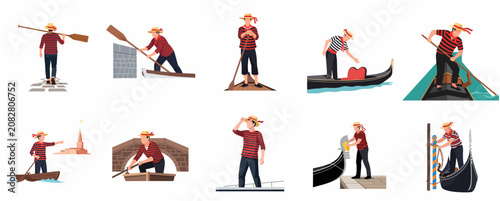 Fotografie Collection of Venetian gondolier flat illustrations in various action poses for