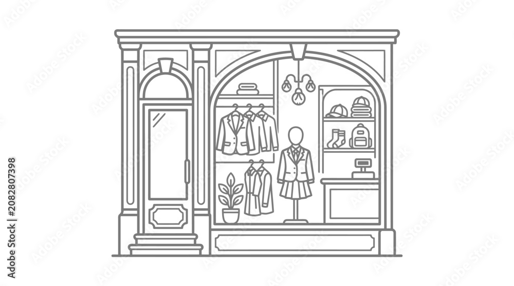 Fototapeta premium Industrial Line Drawing of a Classic Clothing Store Interior with Mannequins Shelves and Decorative Elements