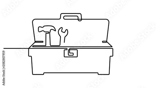 Animated self drawing of Continuous single line drawing of a toolbox with various construction tools like a hammer wrench and saw for home repair and maintenance work. one line animation. 4k video 