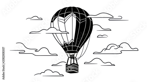 Detailed hot air balloon illustration flying above the clouds.