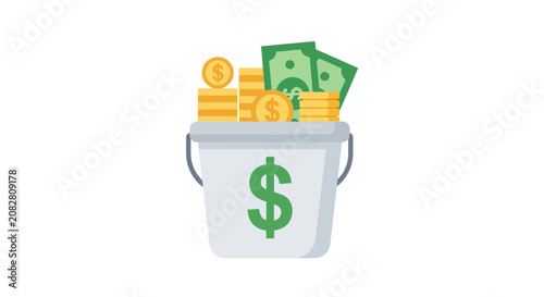 Bucket overflowing with cash and coins, symbolizing wealth and investment