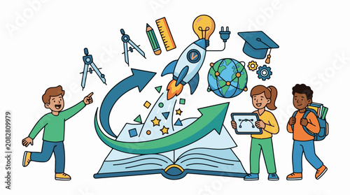 Children launch a rocket from a book symbolizing knowledge and innovation