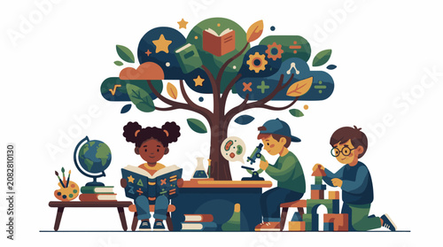 Children learn and play around a knowledge tree