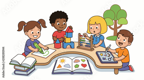 Children learn and play at a table with toys and books