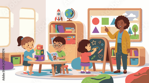 Children learn and play in a colorful classroom with a teacher