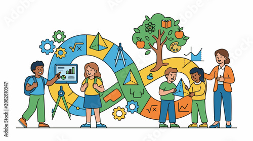 Children learn math and science with a teacher and illustrated symbols