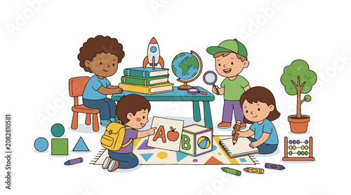 Children learn and play with educational items