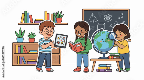 Children learn with books tablet globe and blackboard