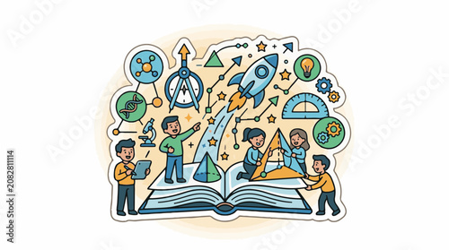 Children exploring science math and discovery from a book